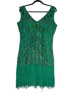 Babeyond Dress Size XXL Green Sequin Fringe Flapper Dress 1920s Gatsby Art Deco